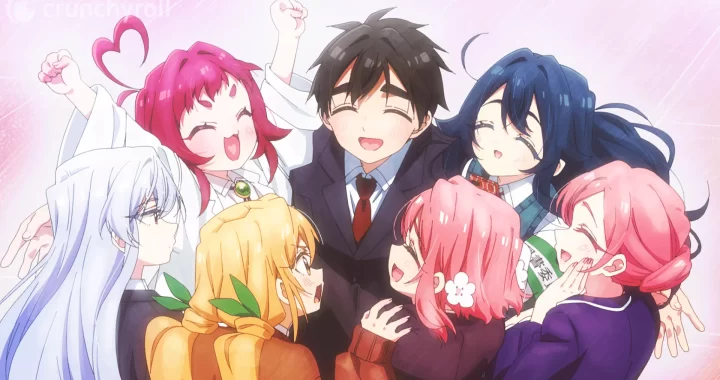 A joyful group of seven characters embraces a central figure in formal attire, celebrating together. The scene conveys a sense of camaraderie and excitement.