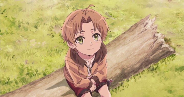 A young boy with bright eyes sits on a fallen log, smiling warmly in a sunlit grassy field. His casual outfit and cheerful expression convey innocence and wonder.