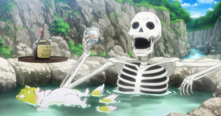 A skeleton relaxes in a hot spring, holding a drink, while a small fox-like creature floats nearby, surrounded by a scenic, rocky landscape.