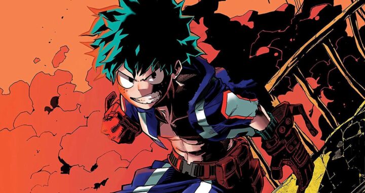 Izuku Midoriya, a determined young hero with spiky green hair and a fierce expression, charges forward against a fiery backdrop, embodying bravery and energy.