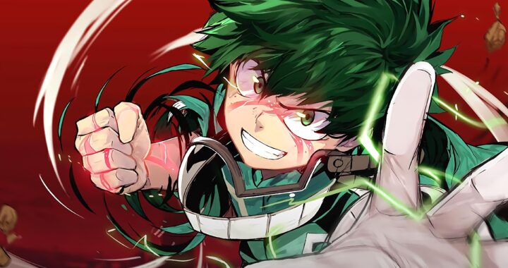 A dynamic character with green hair, wearing a hero costume, extends a fist forward with a determined expression. A red background adds intensity.