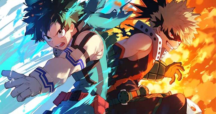 Izuku Midoriya and Katsuki Bakugo from "My Hero Academia" stand back-to-back, showcasing their contrasting powers in a dynamic, colorful illustration.