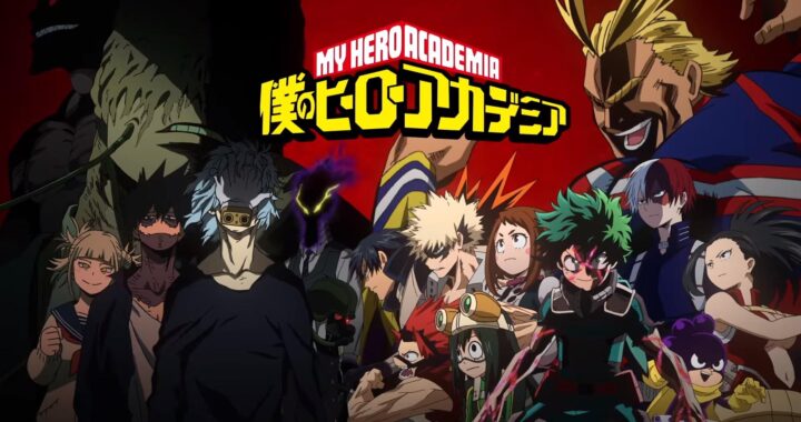 Key characters from *My Hero Academia* are grouped together in dynamic poses, showcasing their unique abilities against a striking red background.